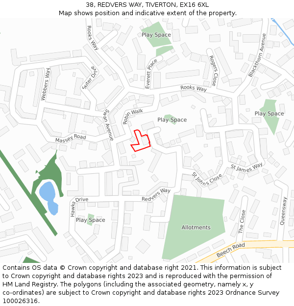 38, REDVERS WAY, TIVERTON, EX16 6XL: Location map and indicative extent of plot