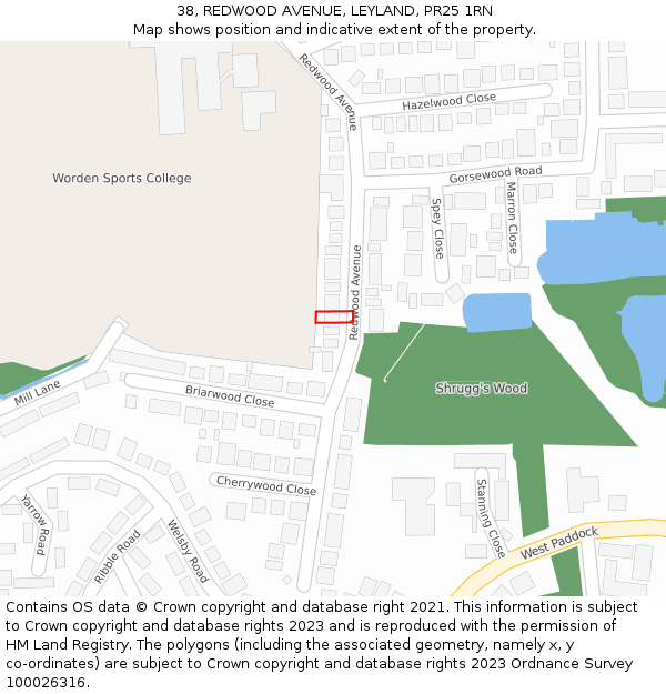 38, REDWOOD AVENUE, LEYLAND, PR25 1RN: Location map and indicative extent of plot