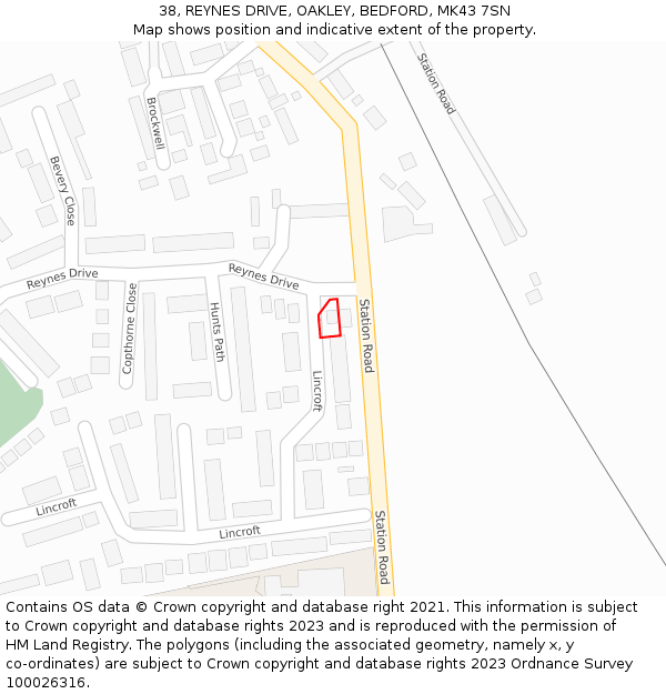 38, REYNES DRIVE, OAKLEY, BEDFORD, MK43 7SN: Location map and indicative extent of plot