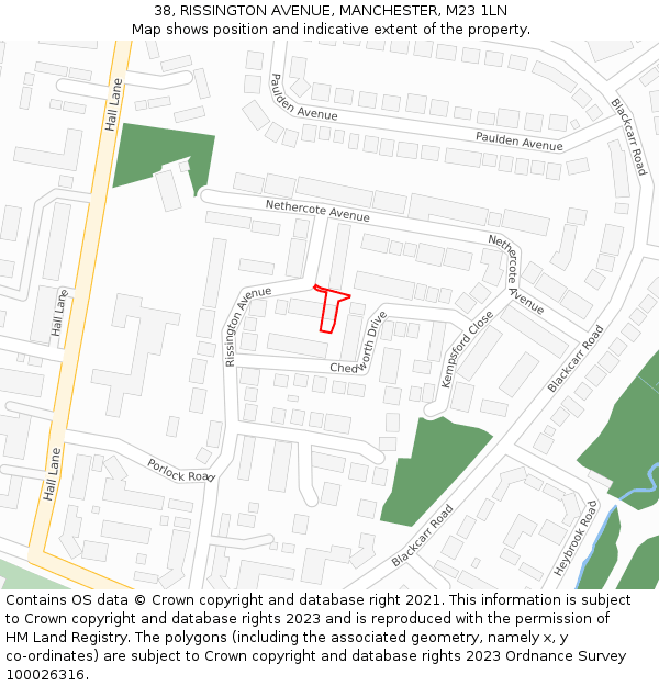 38, RISSINGTON AVENUE, MANCHESTER, M23 1LN: Location map and indicative extent of plot