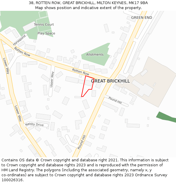 38, ROTTEN ROW, GREAT BRICKHILL, MILTON KEYNES, MK17 9BA: Location map and indicative extent of plot