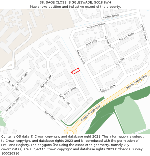 38, SAGE CLOSE, BIGGLESWADE, SG18 8WH: Location map and indicative extent of plot