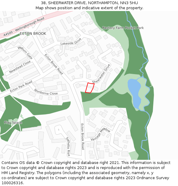 38, SHEERWATER DRIVE, NORTHAMPTON, NN3 5HU: Location map and indicative extent of plot