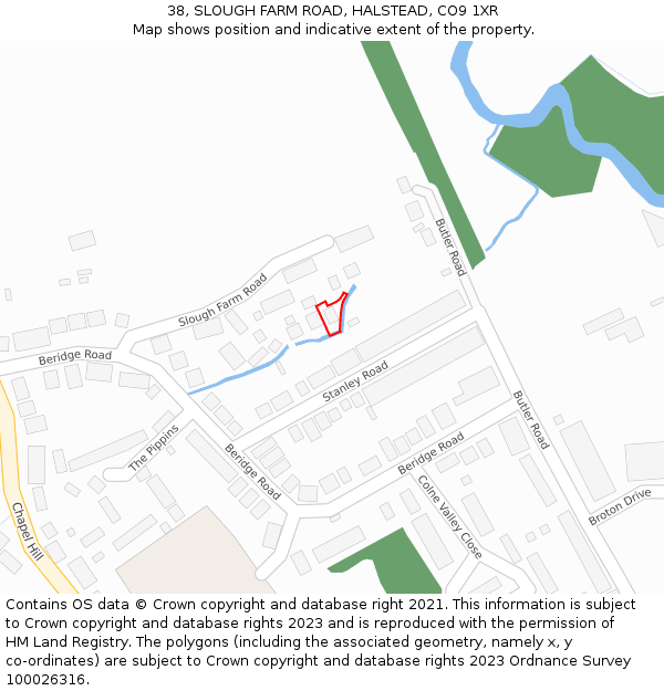 38, SLOUGH FARM ROAD, HALSTEAD, CO9 1XR: Location map and indicative extent of plot