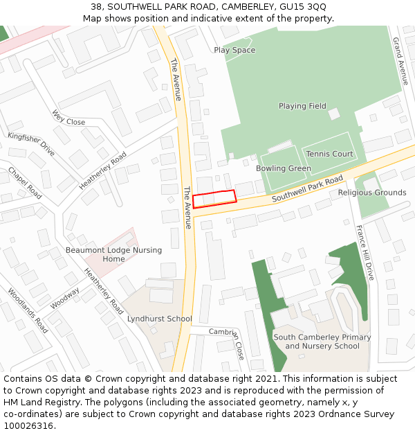 38, SOUTHWELL PARK ROAD, CAMBERLEY, GU15 3QQ: Location map and indicative extent of plot