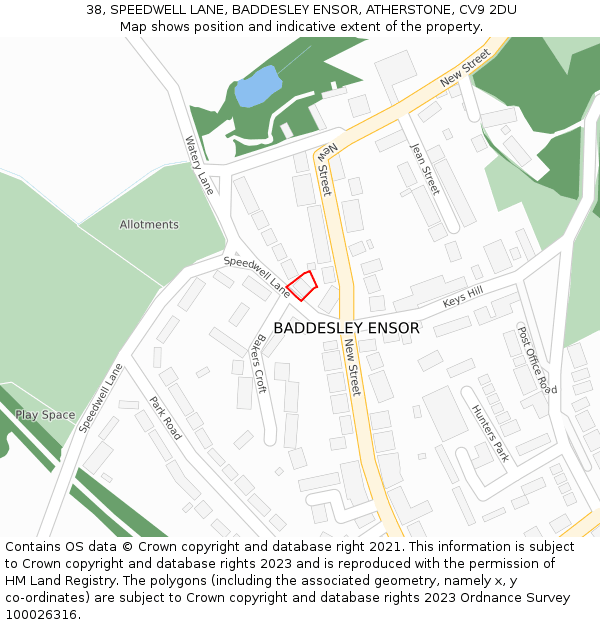 38, SPEEDWELL LANE, BADDESLEY ENSOR, ATHERSTONE, CV9 2DU: Location map and indicative extent of plot