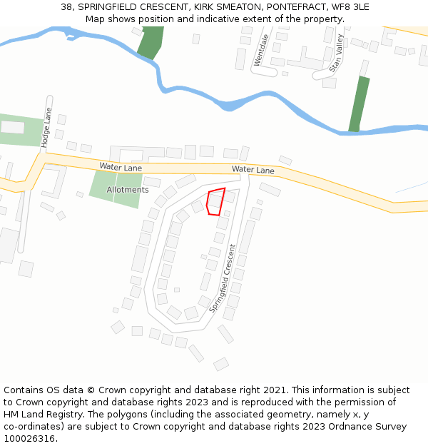 38, SPRINGFIELD CRESCENT, KIRK SMEATON, PONTEFRACT, WF8 3LE: Location map and indicative extent of plot