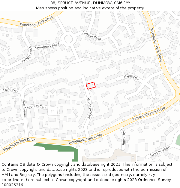 38, SPRUCE AVENUE, DUNMOW, CM6 1YY: Location map and indicative extent of plot