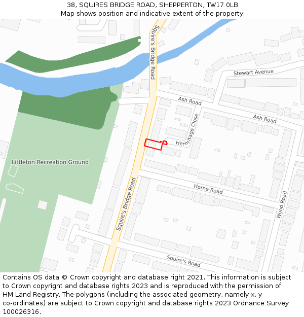 38, SQUIRES BRIDGE ROAD, SHEPPERTON, TW17 0LB: Location map and indicative extent of plot
