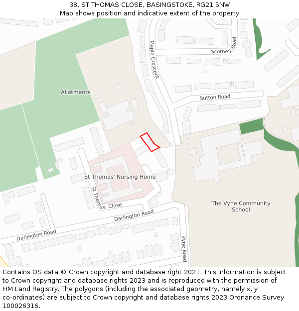 38, ST THOMAS CLOSE, BASINGSTOKE, RG21 5NW: Location map and indicative extent of plot
