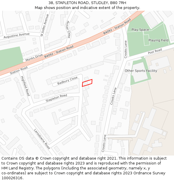 38, STAPLETON ROAD, STUDLEY, B80 7RH: Location map and indicative extent of plot