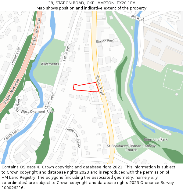 38, STATION ROAD, OKEHAMPTON, EX20 1EA: Location map and indicative extent of plot