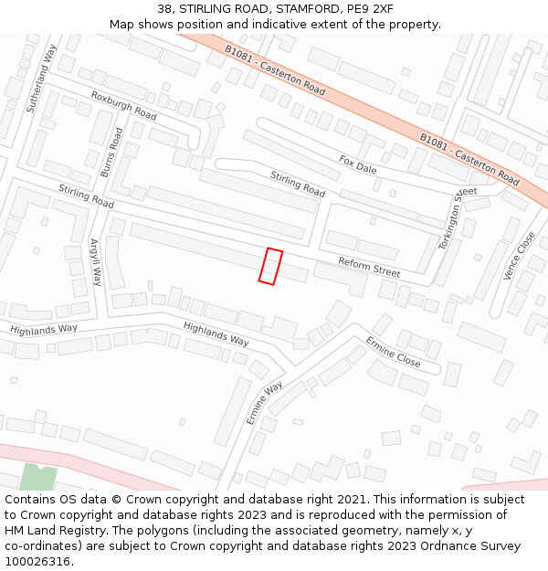 38, STIRLING ROAD, STAMFORD, PE9 2XF: Location map and indicative extent of plot