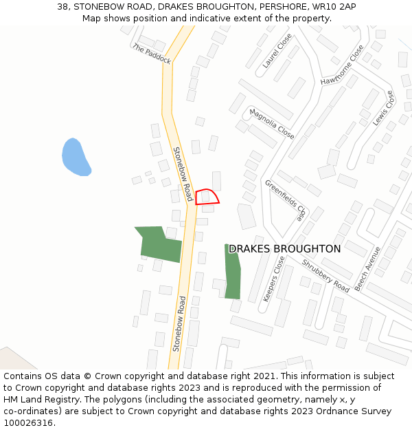 38, STONEBOW ROAD, DRAKES BROUGHTON, PERSHORE, WR10 2AP: Location map and indicative extent of plot