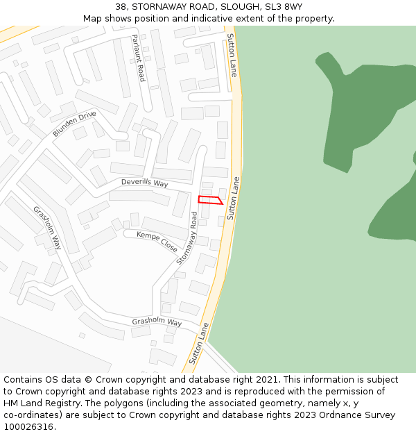38, STORNAWAY ROAD, SLOUGH, SL3 8WY: Location map and indicative extent of plot