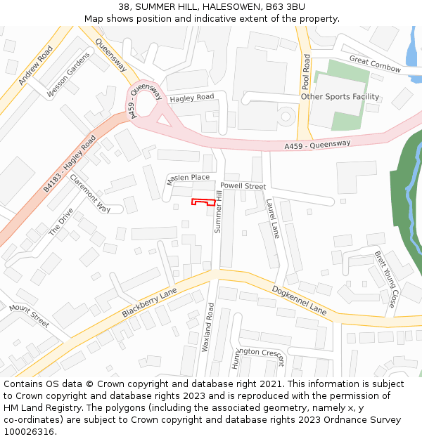 38, SUMMER HILL, HALESOWEN, B63 3BU: Location map and indicative extent of plot