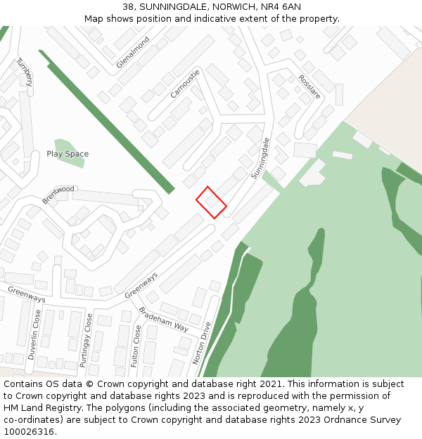 38, SUNNINGDALE, NORWICH, NR4 6AN: Location map and indicative extent of plot