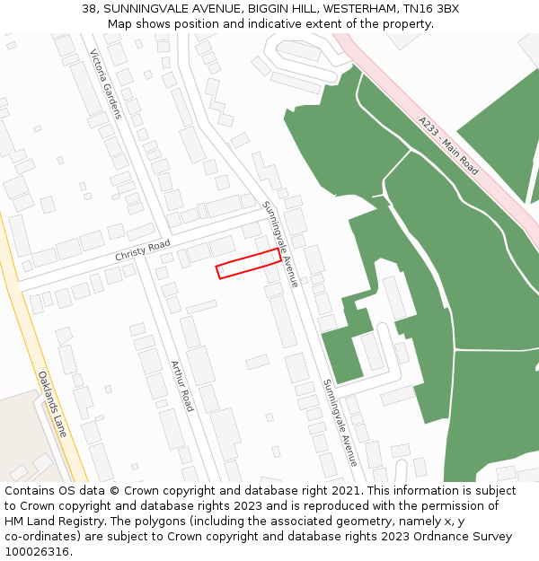 38, SUNNINGVALE AVENUE, BIGGIN HILL, WESTERHAM, TN16 3BX: Location map and indicative extent of plot