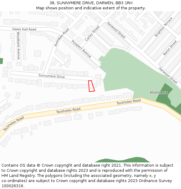38, SUNNYMERE DRIVE, DARWEN, BB3 1RH: Location map and indicative extent of plot