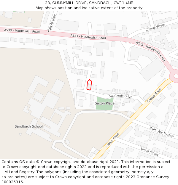 38, SUNNYMILL DRIVE, SANDBACH, CW11 4NB: Location map and indicative extent of plot