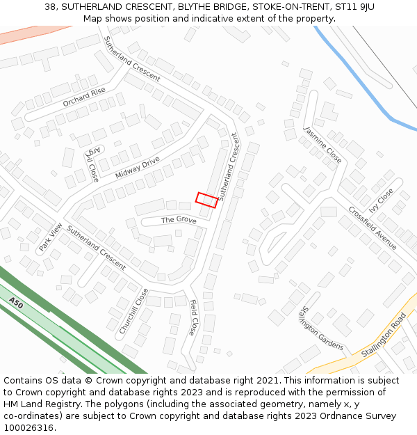 38, SUTHERLAND CRESCENT, BLYTHE BRIDGE, STOKE-ON-TRENT, ST11 9JU: Location map and indicative extent of plot