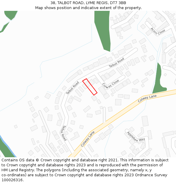 38, TALBOT ROAD, LYME REGIS, DT7 3BB: Location map and indicative extent of plot