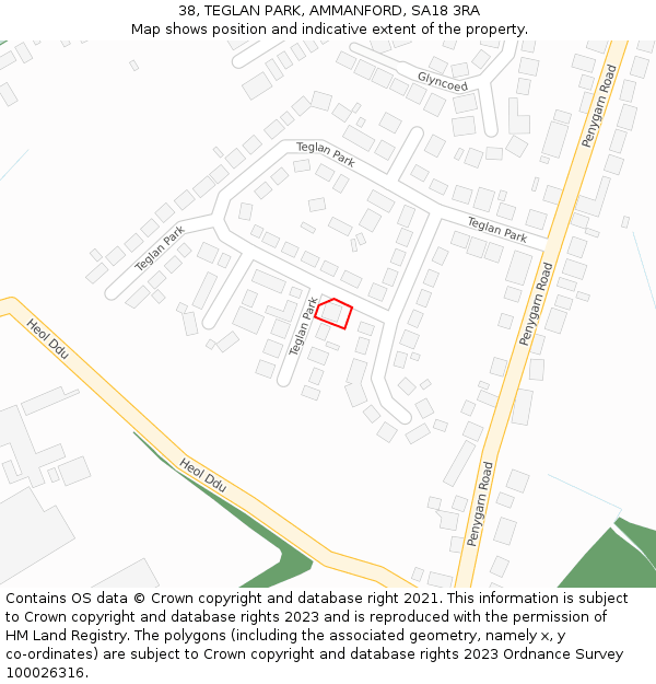 38, TEGLAN PARK, AMMANFORD, SA18 3RA: Location map and indicative extent of plot