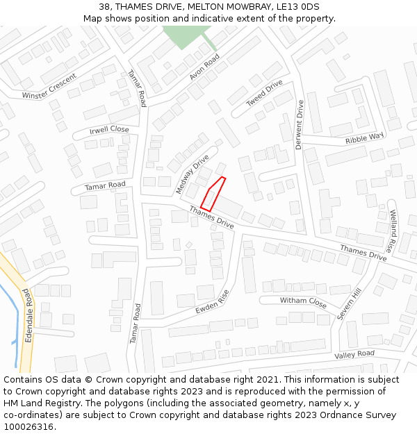 38, THAMES DRIVE, MELTON MOWBRAY, LE13 0DS: Location map and indicative extent of plot