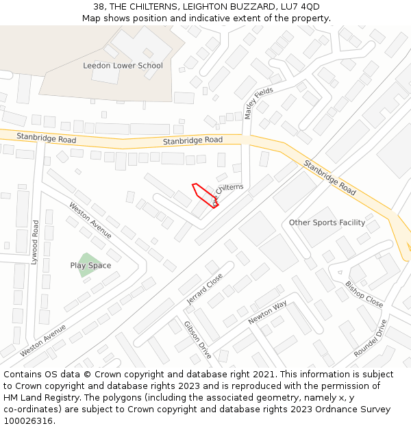 38, THE CHILTERNS, LEIGHTON BUZZARD, LU7 4QD: Location map and indicative extent of plot