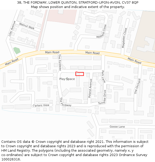 38, THE FORDWAY, LOWER QUINTON, STRATFORD-UPON-AVON, CV37 8QP: Location map and indicative extent of plot