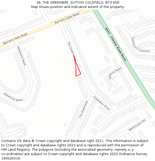 38, THE GREENWAY, SUTTON COLDFIELD, B73 6SE: Location map and indicative extent of plot