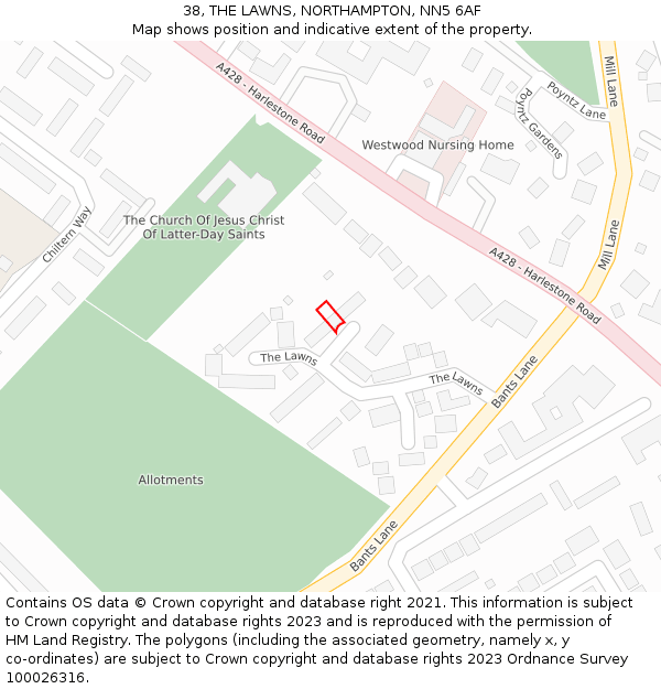 38, THE LAWNS, NORTHAMPTON, NN5 6AF: Location map and indicative extent of plot