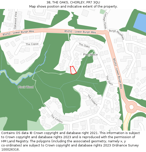 38, THE OAKS, CHORLEY, PR7 3QU: Location map and indicative extent of plot