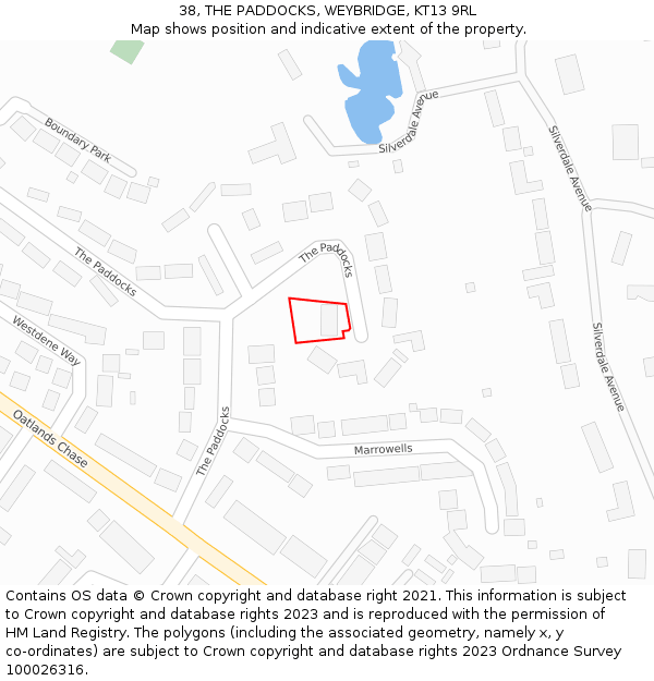 38, THE PADDOCKS, WEYBRIDGE, KT13 9RL: Location map and indicative extent of plot