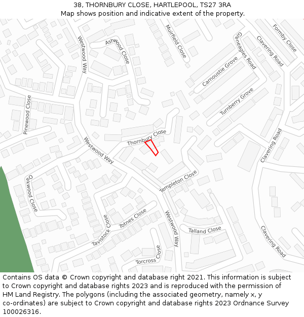 38, THORNBURY CLOSE, HARTLEPOOL, TS27 3RA: Location map and indicative extent of plot