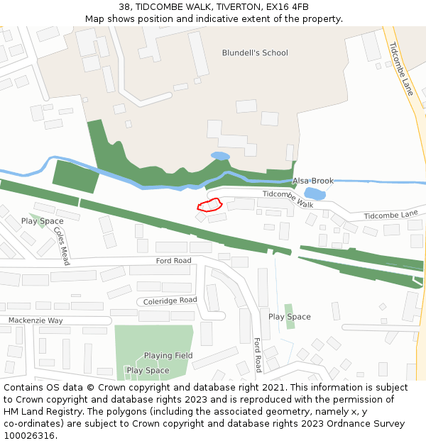 38, TIDCOMBE WALK, TIVERTON, EX16 4FB: Location map and indicative extent of plot