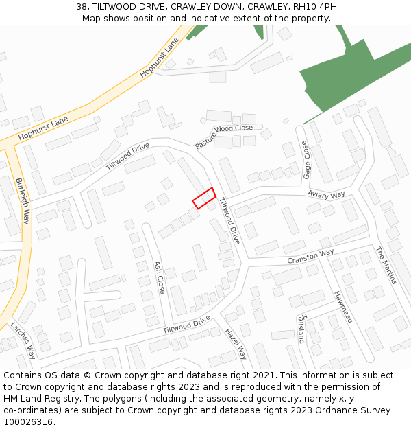 38, TILTWOOD DRIVE, CRAWLEY DOWN, CRAWLEY, RH10 4PH: Location map and indicative extent of plot