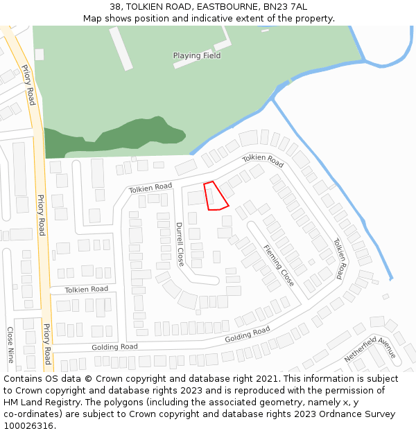 38, TOLKIEN ROAD, EASTBOURNE, BN23 7AL: Location map and indicative extent of plot