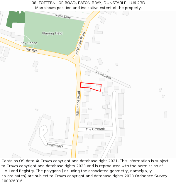 38, TOTTERNHOE ROAD, EATON BRAY, DUNSTABLE, LU6 2BD: Location map and indicative extent of plot