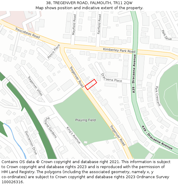 38, TREGENVER ROAD, FALMOUTH, TR11 2QW: Location map and indicative extent of plot