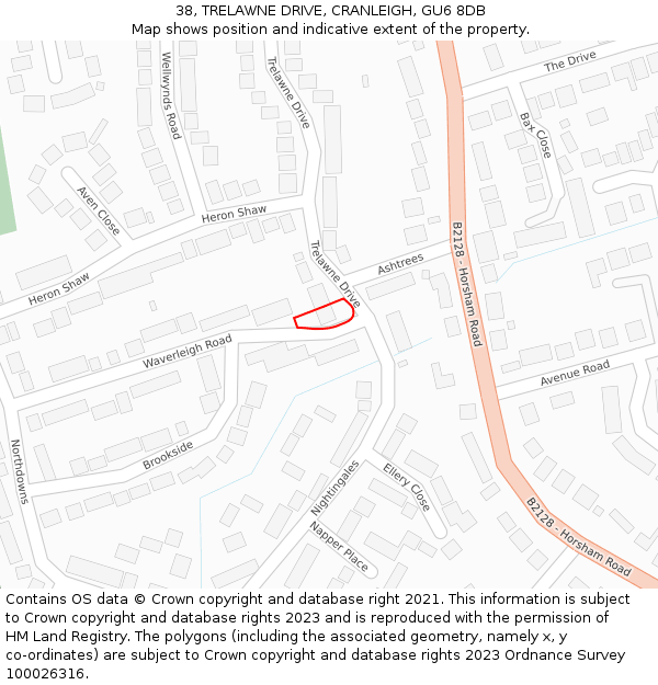 38, TRELAWNE DRIVE, CRANLEIGH, GU6 8DB: Location map and indicative extent of plot