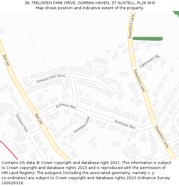 38, TRELISPEN PARK DRIVE, GORRAN HAVEN, ST AUSTELL, PL26 6HX: Location map and indicative extent of plot