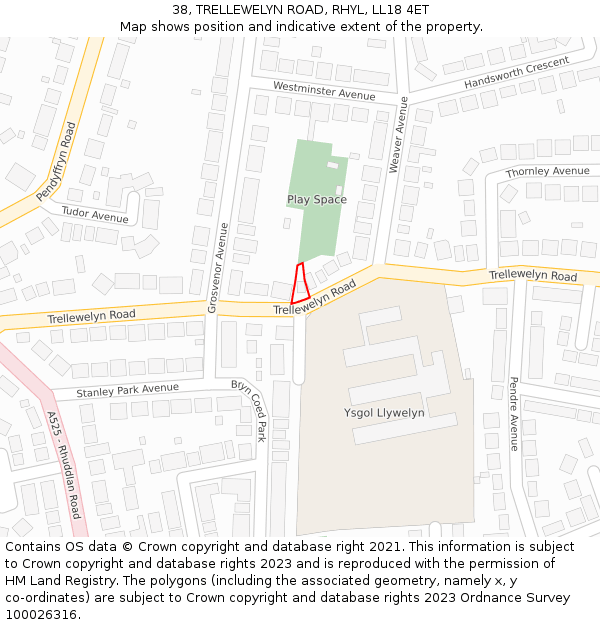 38, TRELLEWELYN ROAD, RHYL, LL18 4ET: Location map and indicative extent of plot