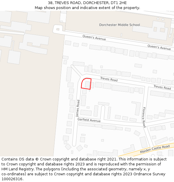 38, TREVES ROAD, DORCHESTER, DT1 2HE: Location map and indicative extent of plot