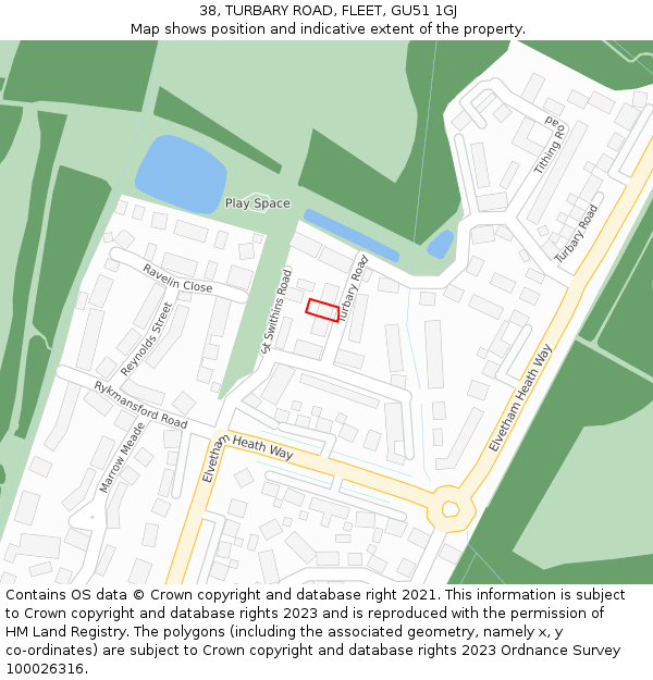 38, TURBARY ROAD, FLEET, GU51 1GJ: Location map and indicative extent of plot
