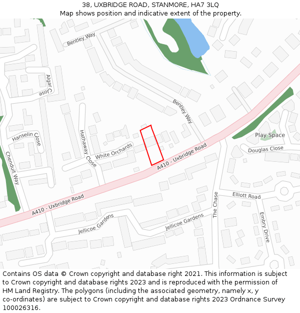 38, UXBRIDGE ROAD, STANMORE, HA7 3LQ: Location map and indicative extent of plot