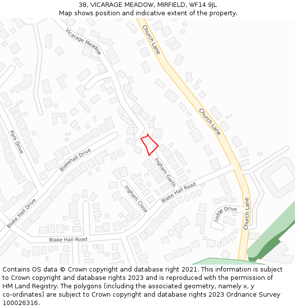 38, VICARAGE MEADOW, MIRFIELD, WF14 9JL: Location map and indicative extent of plot
