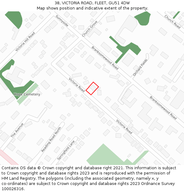 38, VICTORIA ROAD, FLEET, GU51 4DW: Location map and indicative extent of plot