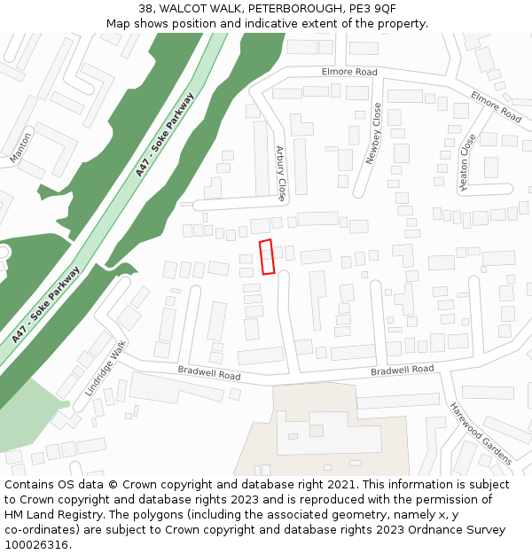 38, WALCOT WALK, PETERBOROUGH, PE3 9QF: Location map and indicative extent of plot