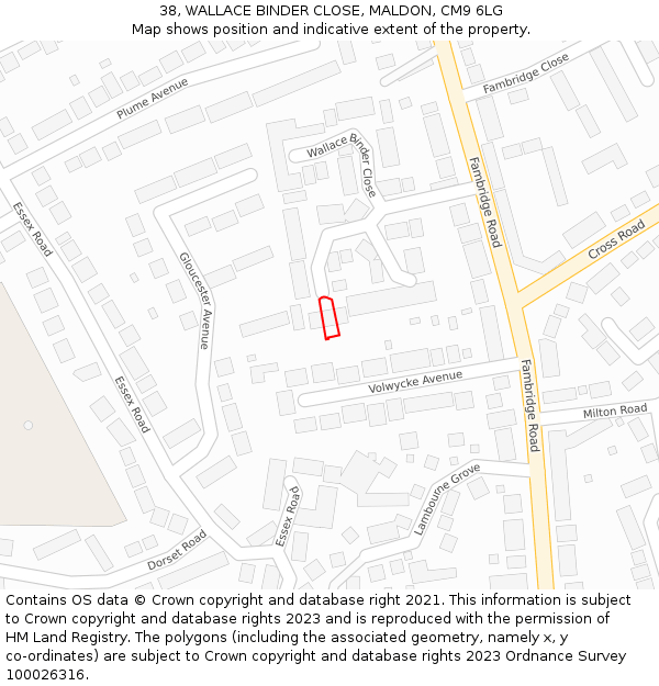 38, WALLACE BINDER CLOSE, MALDON, CM9 6LG: Location map and indicative extent of plot